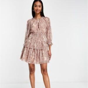 French Connection DEMETRA SMOCKED TIERED RUFFLE LONG SLEEVE DRESS IN PINK Large